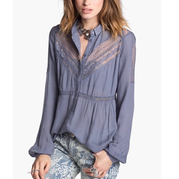 Free People Tops - SOLD Free People Wild Wind Blue Lace Button Up Top